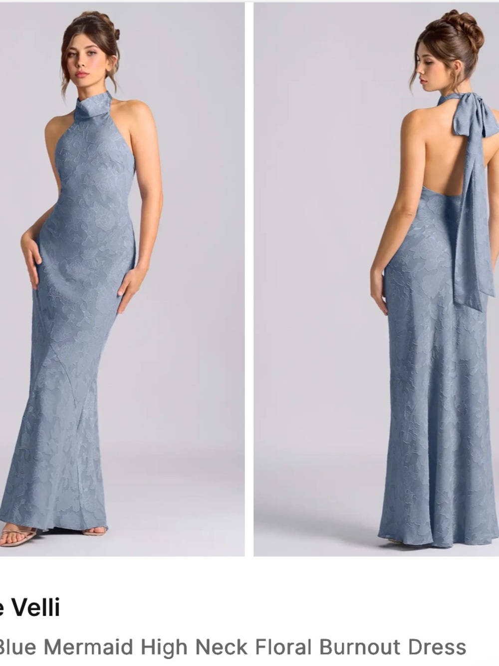 Azazie Dusty Blue High-Neck Floral Burnout Backless Gown